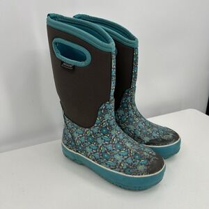 Bogs Youth Classic Sweet Pea Floral Rain Snow Boots Size 2 Teal Brown Waterproof